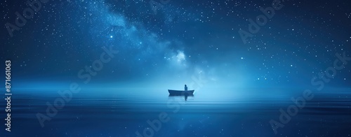 A lone sailor on a calm sea under a starry night, tranquil and detailed, ample copy space