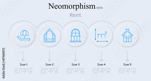 Rent set icon. Beach chair with umbrella, house outline, arched window, square meter symbol, house with windows, property rental, housing market, vacation rental, real estate