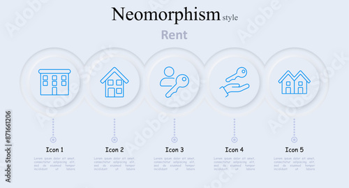 Rent set icon. Apartment building, house with person and key, swimming pool, handing key, house with stars, real estate, rental property, home amenities