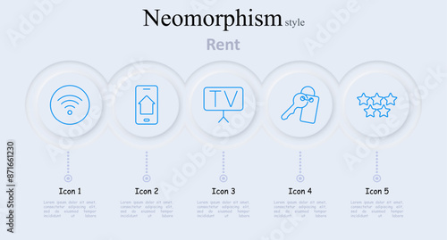 Rent set icon. Apartment building, house with person and key, swimming pool, handing key, house with stars, real estate, rental property, home amenities