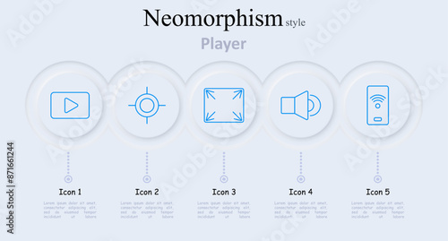 Player set icon. Play button, crosshair, fullscreen, speaker, remote control, media player, video controls, audio equipment