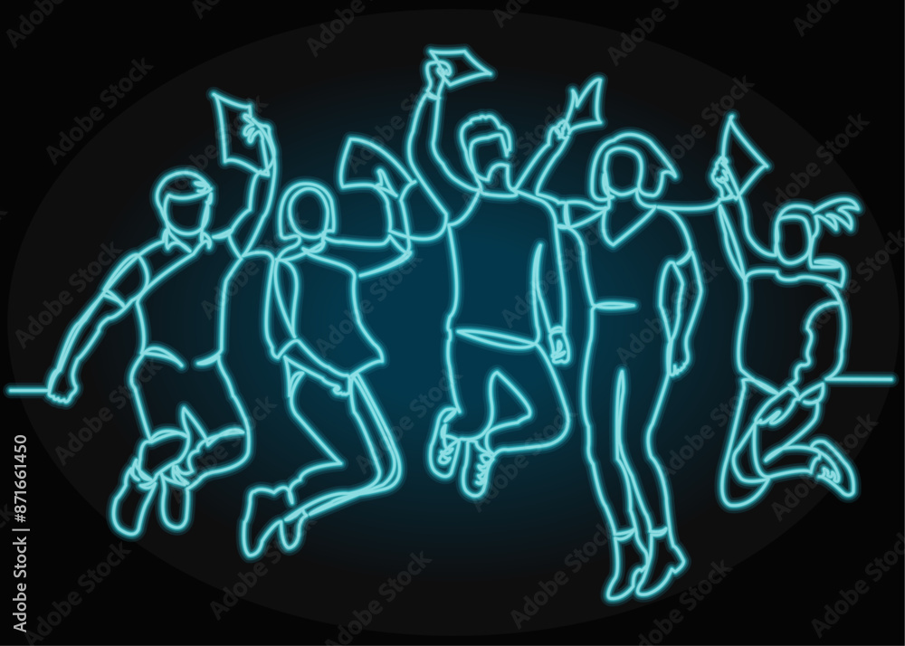 Continuous line drawing of five jumping happy team members.one continuous drawn line from the hand picture silhouette. line art. with neon vector effect Continuous line drawing of five jumping happy team members.one continuous drawn line from the hand picture silhouette. line art. with neon vector effect