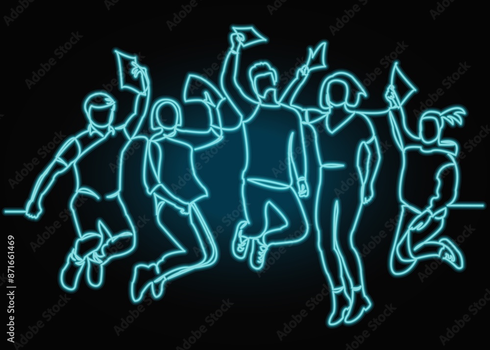 Continuous line drawing of five jumping happy team members.one continuous drawn line from the hand picture silhouette. line art. with neon vector effect Continuous line drawing of five jumping happy team members.one continuous drawn line from the hand picture silhouette. line art. with neon vector effect