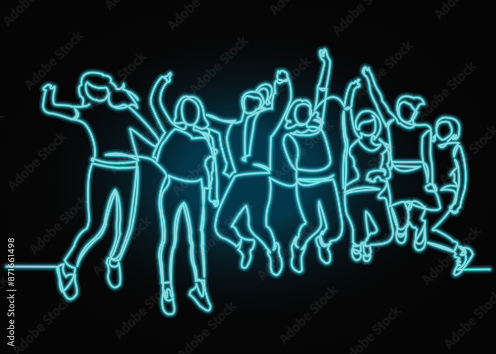 Continuous line drawing of seven jumping happy team members.one continuous drawn line from the hand picture silhouette. line art. with neon vector effect Continuous line drawing of seven jumping happy team members.one continuous drawn line from the hand picture silhouette. line art. with neon vector effect