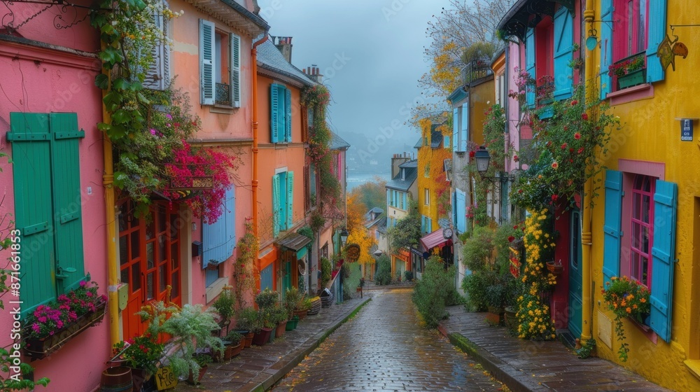 Fototapeta premium A blank canvas captures the essence of EnrouteFrance, with winding cobblestone streets and charming cafes, bustling with life