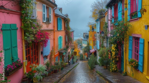 A blank canvas captures the essence of EnrouteFrance, with winding cobblestone streets and charming cafes, bustling with life