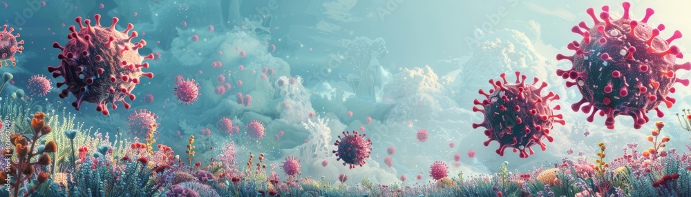 Abstract image of virus particles floating in a blue sky. Abstract image of virus particles floating in a blue sky.