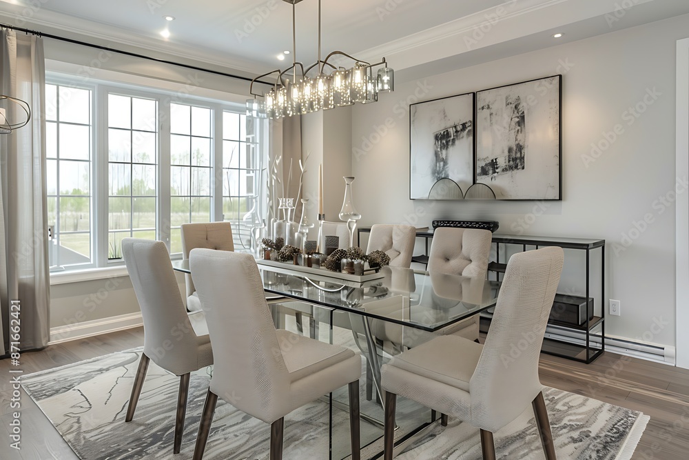 A dining room with a glass dining table, upholstered chairs, and a modern light fixture. A dining room with a glass dining table, upholstered chairs, and a modern light fixture.