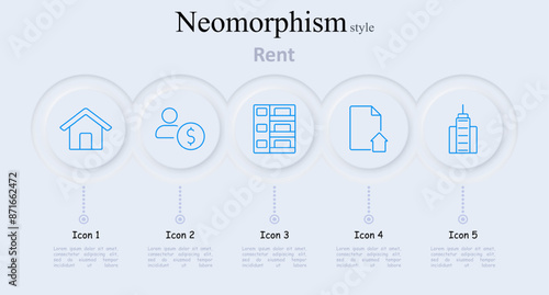 Rent set icon. House, person with dollar, apartment building, document with house, skyscraper. Real estate, property, rent, lease, housing, tenant, landlord, apartment, urban, residential, commercial