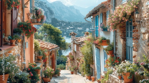 Fototapeta Naklejka Na Ścianę i Meble -  EnrouteFrance's picturesque villages, painted on a blank backdrop with cobbled streets and flower-filled balconies