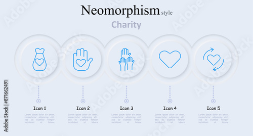 Charity set icon. Donation bag, helping hand, group support, heart, recycle heart, charity, donation, help, volunteer, support, kindness, care, community, giving, love, nonprofit, aid, social work