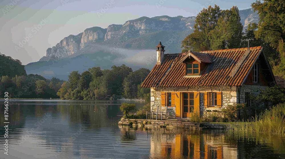 Obraz premium EnrouteFrance's tranquil countryside, a blank canvas of serene lakes and charming cottages