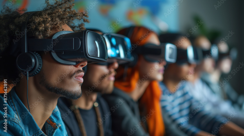 Group of adults in a modern classroom wearing VR headsets, exploring a virtual learning environment with focused expressions Group of adults in a modern classroom wearing VR headsets, exploring a virtual learning environment with focused expressions