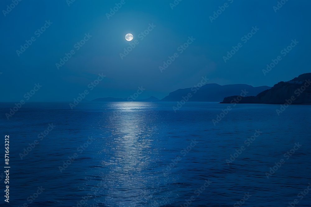 A serene moonlit night over the calm waters of an ocean, with reflections of the full moon on gentle waves. A serene moonlit night over the calm waters of an ocean, with reflections of the full moon on gentle waves.