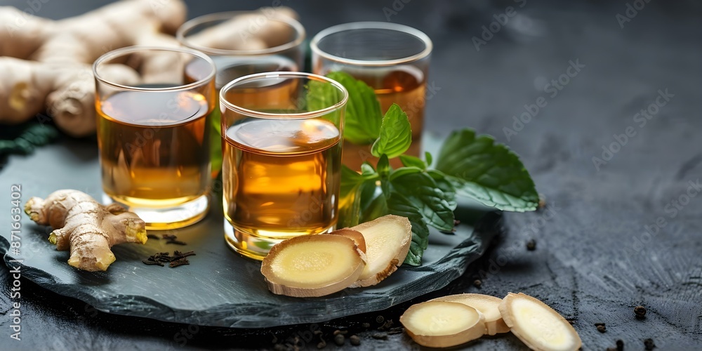 Ginger tea shots a natural way to support weight loss with slimming properties. Concept Ginger Tea, Weight Loss, Slimming Properties, Natural Remedies, Healthy Living Ginger tea shots a natural way to support weight loss with slimming properties. Concept Ginger Tea, Weight Loss, Slimming Properties, Natural Remedies, Healthy Living