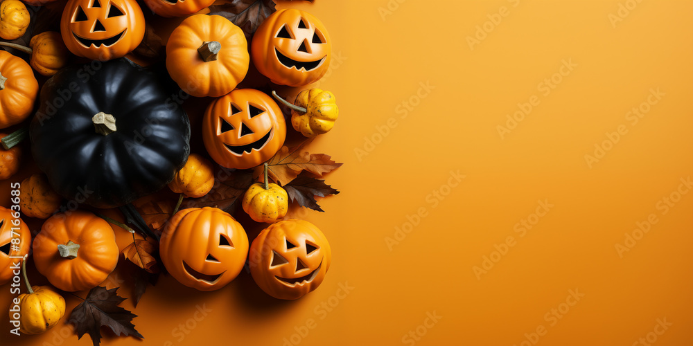 Happy Halloween Holiday Concept For Greeting Card Banner On Orange Background With Copy Space Happy Halloween Holiday Concept For Greeting Card Banner On Orange Background With Copy Space