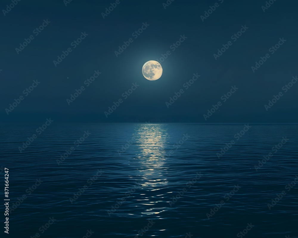 A serene moonlit night over the calm waters of an ocean, with reflections of the full moon on gentle waves. A serene moonlit night over the calm waters of an ocean, with reflections of the full moon on gentle waves.