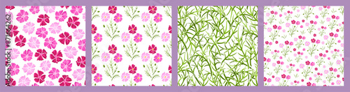 Bright seamless pattern with hot pink cosmea, green leaves and grass on white. A field or meadow of cosmos flowers. Floral hand drawn vector print for interior textile, baby clothes, cute wallpaper.