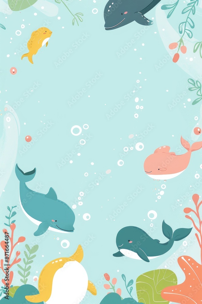 Whimsical Underwater Scene with Playful Whales and Tropical Fish Whimsical Underwater Scene with Playful Whales and Tropical Fish