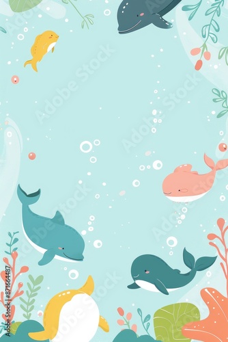 Whimsical Underwater Scene with Playful Whales and Tropical Fish © dashtik