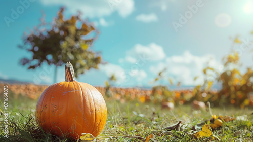 Pumpkin on grass against field background