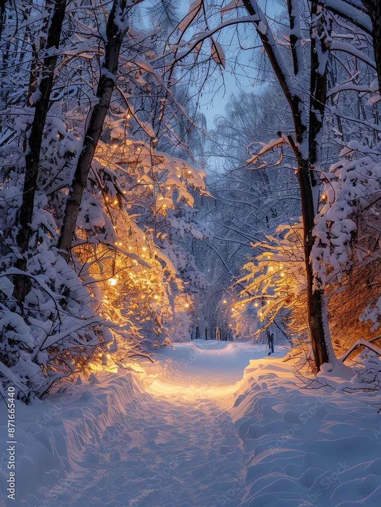 Naklejka premium A magical snowy landscape with glowing lights in the trees, no people, ample copy space