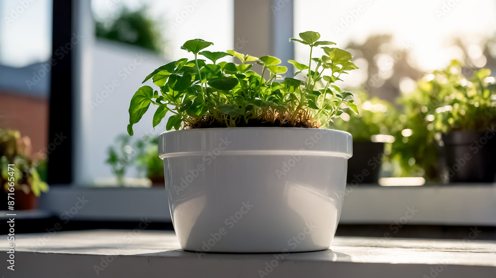 Fototapeta premium A pot of green plants is placed in a garden background., Placed as decoration on the wooden table, Growing a vegetable and plants for relaxing, Green plants in a white pot, Green plant on a white pot.