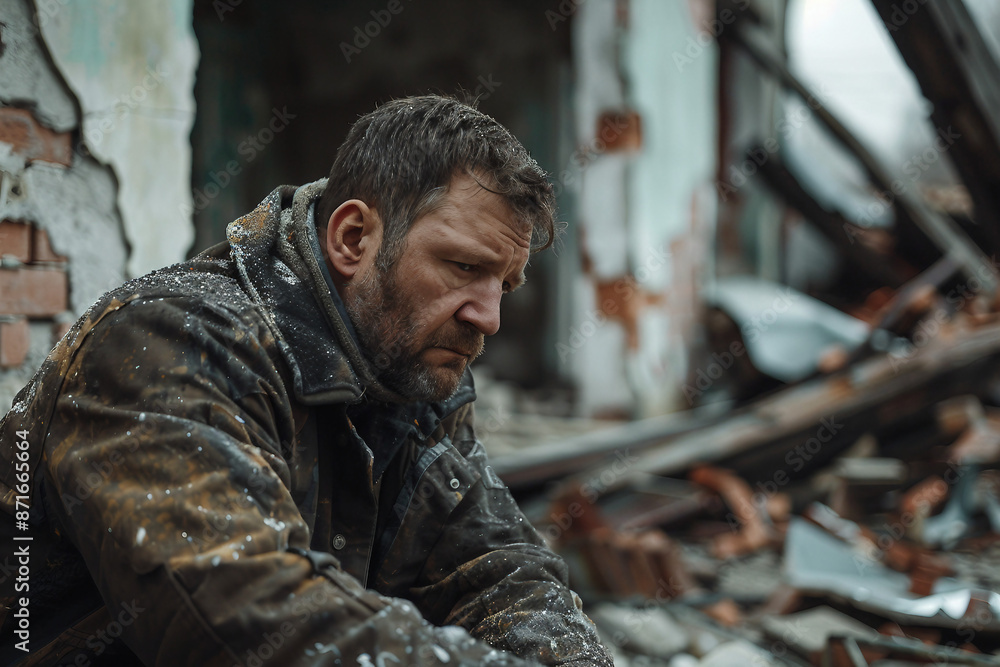 Generative AI illustration of miserable people in damaged city house ruins suffering from loneliness war Generative AI illustration of miserable people in damaged city house ruins suffering from loneliness war