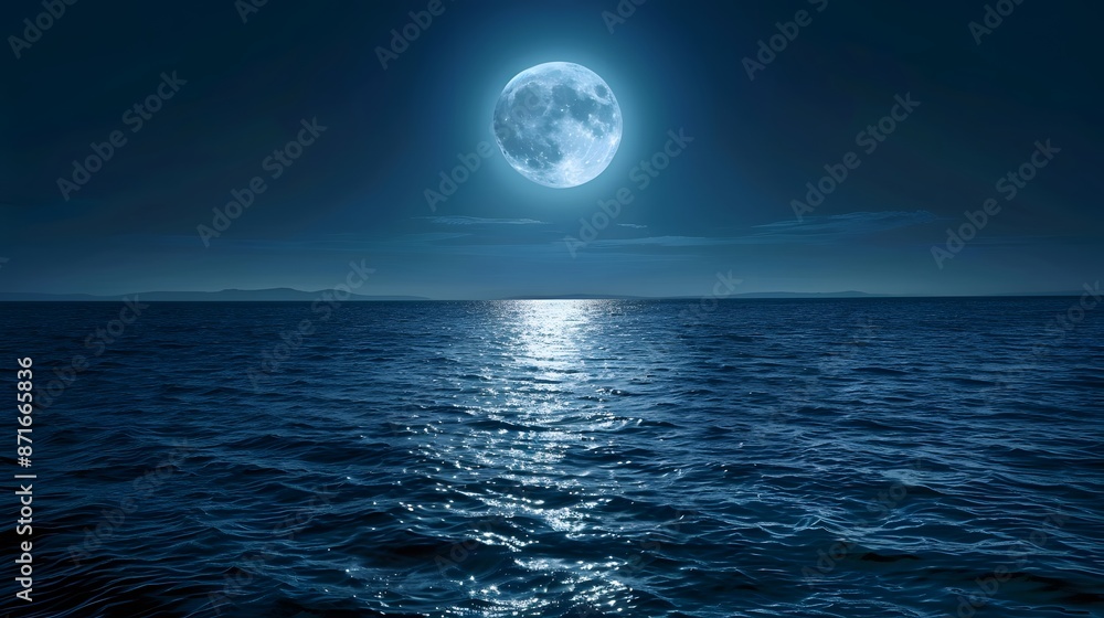A serene moonlit night over the calm waters of an ocean, with reflections of the full moon on gentle waves. A serene moonlit night over the calm waters of an ocean, with reflections of the full moon on gentle waves.