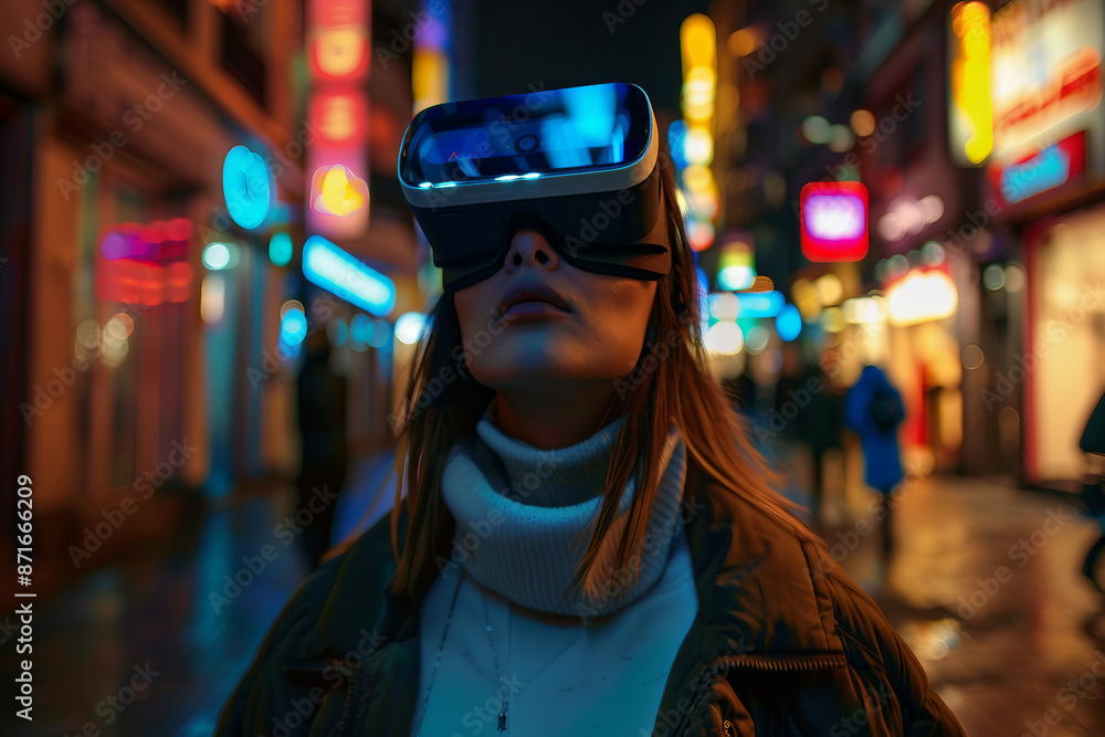 Person in vr virtual reality goggles visiting metaverse gaming world tech addicted, Generative AI Person in vr virtual reality goggles visiting metaverse gaming world tech addicted, Generative AI