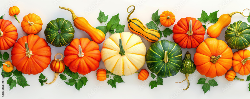 A row of pumpkins and squash with green leaves in between A row of pumpkins and squash with green leaves in between