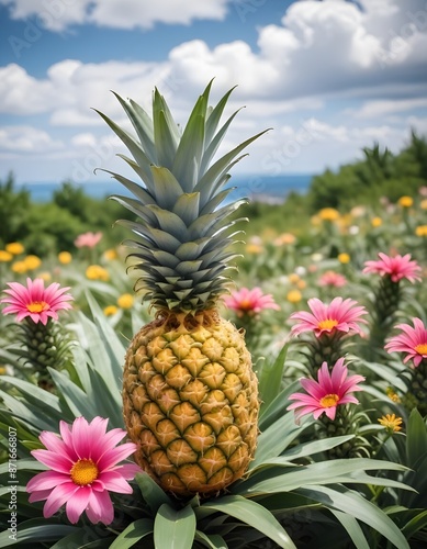 Fresh pineapple with summer flowers behind blurred view of clouds © Hdesigns