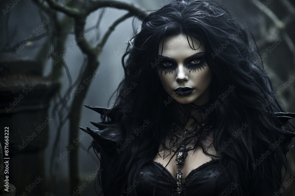 AI generated picture of a mysterious spooky creepy woman standing in a graveyard at night AI generated picture of a mysterious spooky creepy woman standing in a graveyard at night