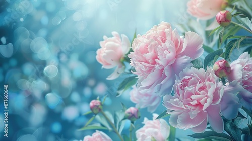 Peony blossoms with foliage on blue blurry backdrop
