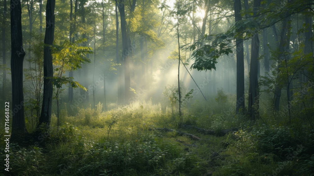 Obraz premium A foggy forest filled with dense trees during dawn, creating a mystical atmosphere, A silent forest at dawn with a carpet of fog over the underbrush, AI Generated
