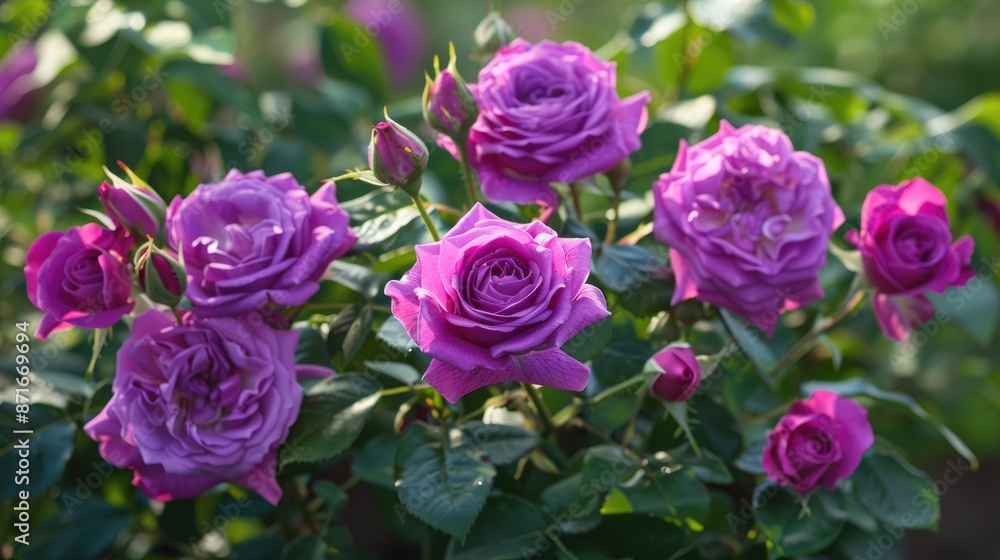 Vivid purple roses on bush under the sun in summer Vivid purple roses on bush under the sun in summer