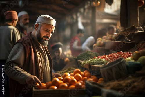 Ai generated photo of local man seller stands outdoors food market © Tetiana