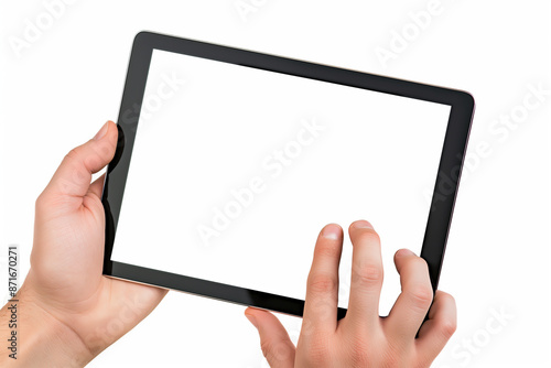 hands holding a tablet with a plain white screen