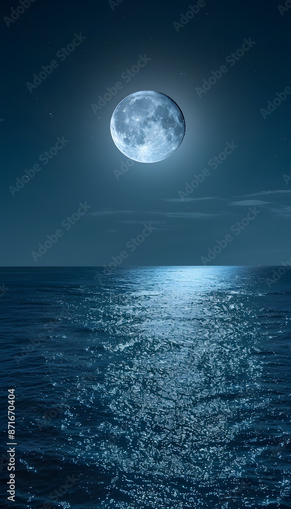 A serene moonlit night over the calm waters of an ocean, with reflections of the full moon on gentle waves. A serene moonlit night over the calm waters of an ocean, with reflections of the full moon on gentle waves.