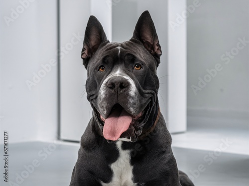 Black and white dog sitting indoors