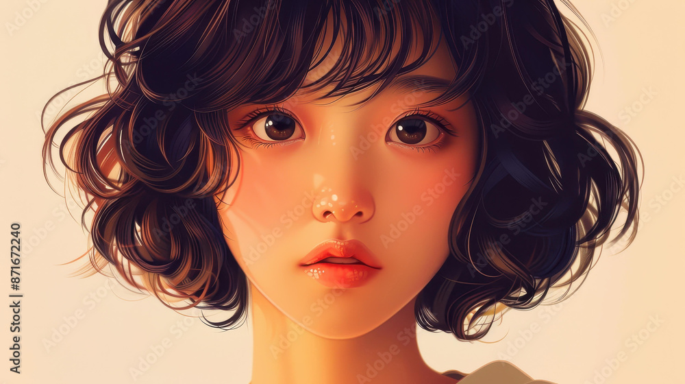 Charming animestyle illustration of a girl with curly bobbed hair. Charming animestyle illustration of a girl with curly bobbed hair.