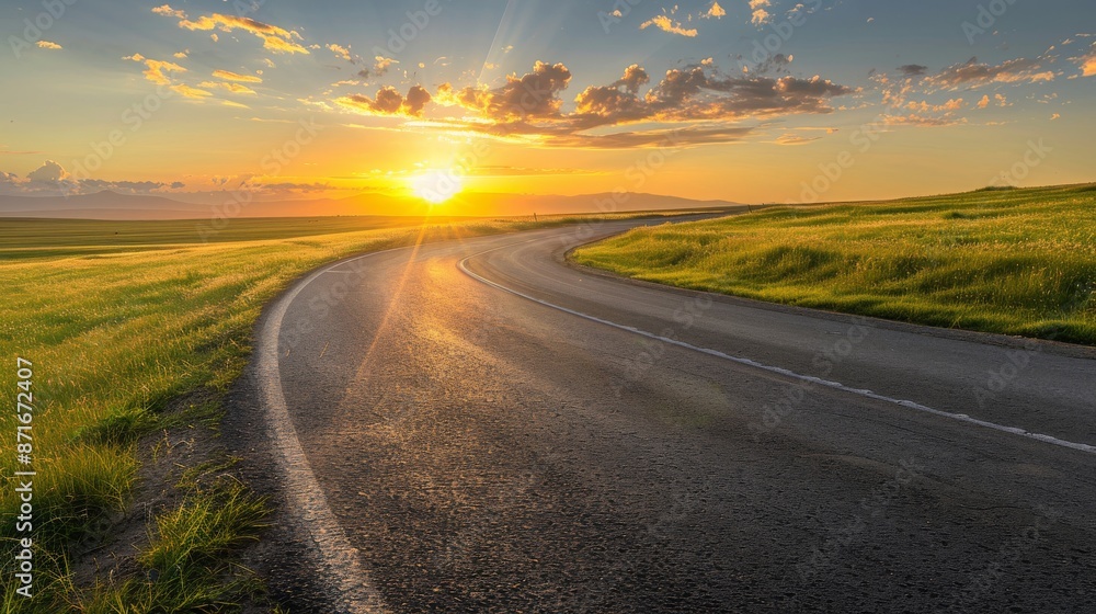 Naklejka premium Landscape of A Road on a Grassland with Sunset View