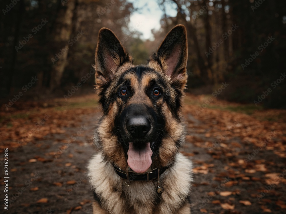 German Shepherd dog sitting on a forest path German Shepherd dog sitting on a forest path