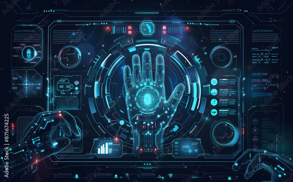 The screen monitor design background template has a futuristic hand scan element which includes a hud element The screen monitor design background template has a futuristic hand scan element which includes a hud element