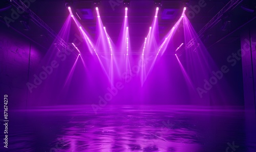 Empty stage with bright purple lights shining down, Generative AI © simba kim