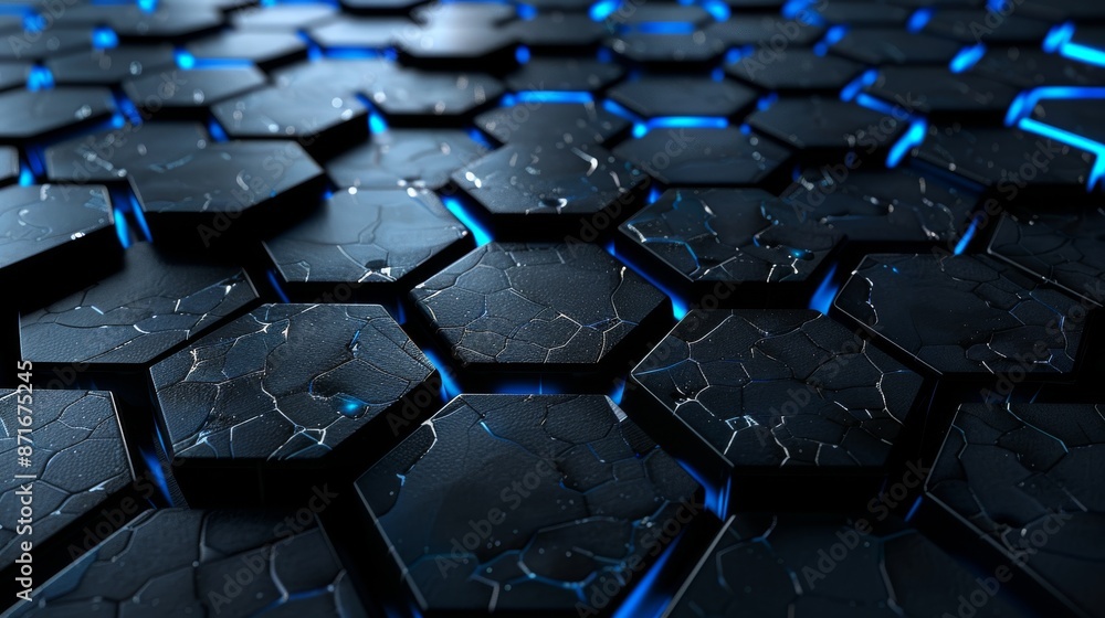 A futuristic and technological concept of a black hexagonal surface. A futuristic and technological concept of a black hexagonal surface.
