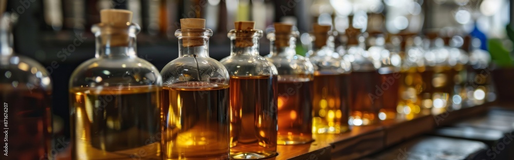 A wooden shelf displays assorted bottles filled with liquids, creating a vintage apothecary arrangement A wooden shelf displays assorted bottles filled with liquids, creating a vintage apothecary arrangement