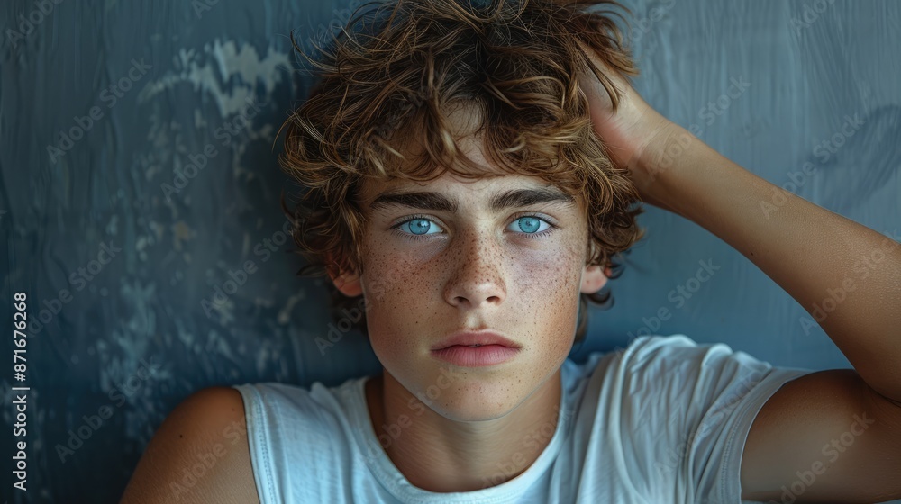 A teenage boy covers his ears with both hands, standing in front of a solid gray wall, crying and suffering A teenage boy covers his ears with both hands, standing in front of a solid gray wall, crying and suffering