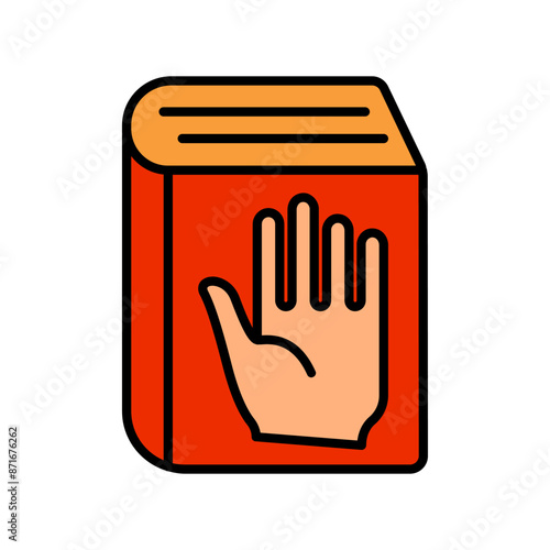 Oath book line icon. Book, hand, promise, swearing-in, oath, pledge, commitment, truth, law, justice, ceremony, official, integrity, honesty, vow, declaration, statement, legal, allegiance