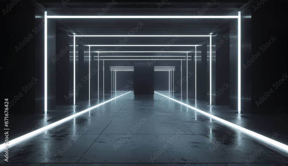 An empty dark room with reflective tiles and lights. This is a 3D rendering of the room. An empty dark room with reflective tiles and lights. This is a 3D rendering of the room.